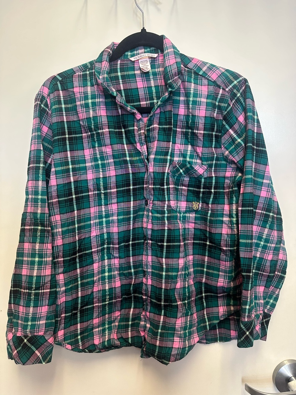 Victoria’s Secret Lightweight Plaid Button-Up Shirt in Green and Pink